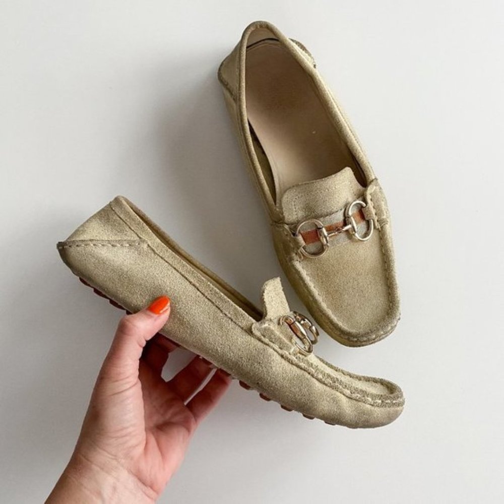 GUCCI Bit buckle suede driving moccasins tan shoe